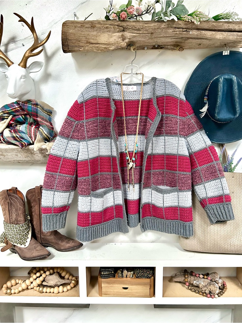 Artisan patchwork granny Open-Front Cardigan Gray & Raspberry cottagecore vibe